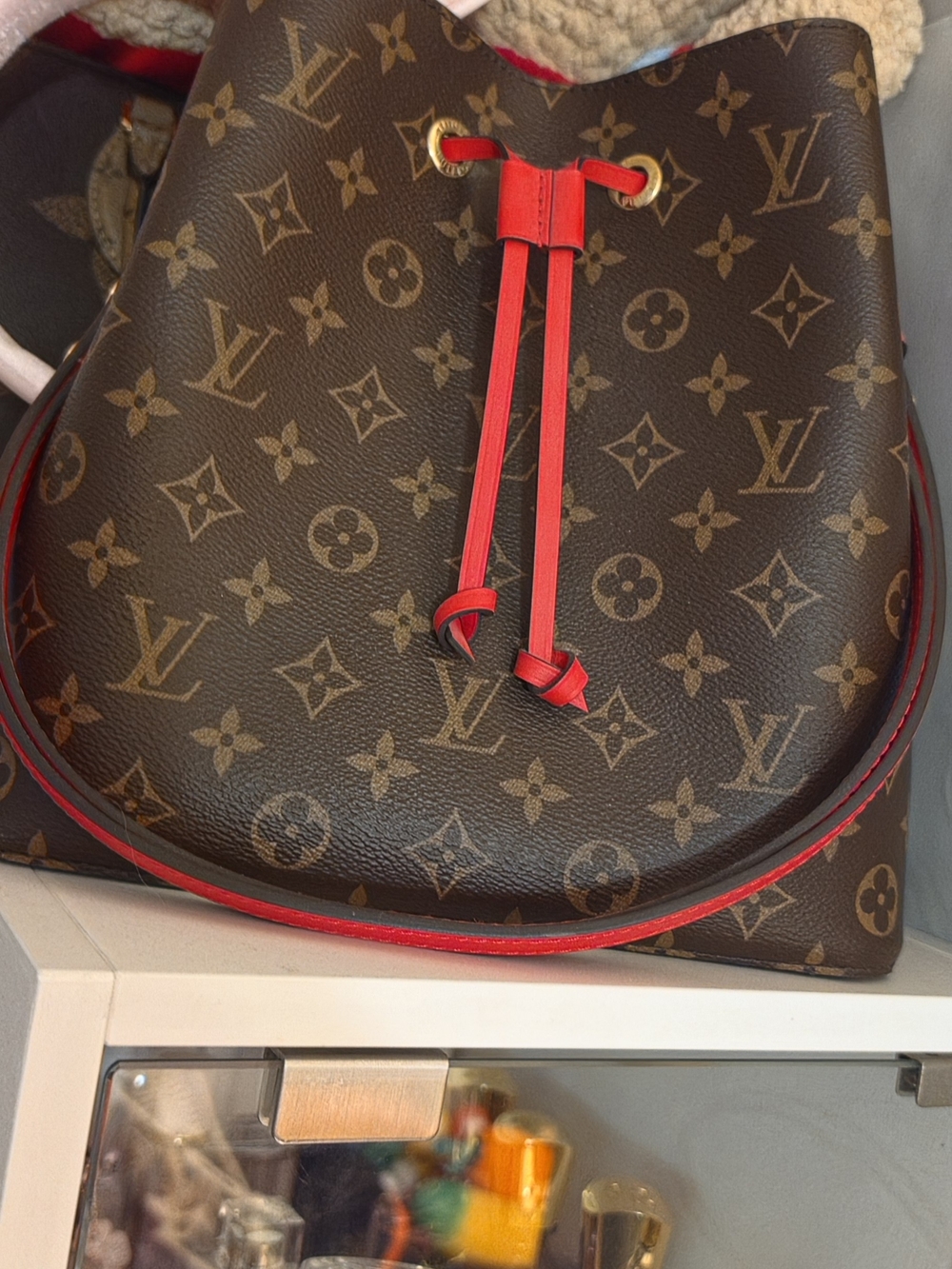 Louis Vuitton Monogram Bucket Bag with Red Trim